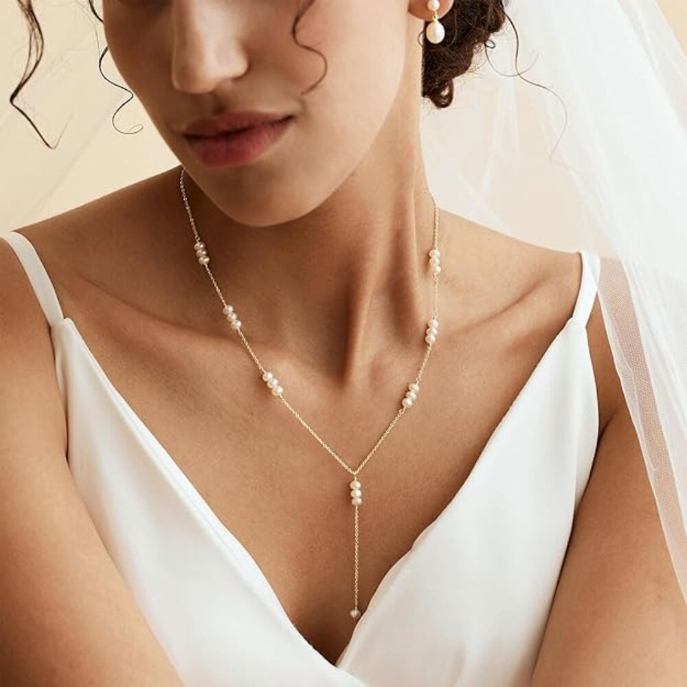 NEW! Women Long Y Pearl Necklace Trendy, 14K Real Gold Plated Dainty Necklace